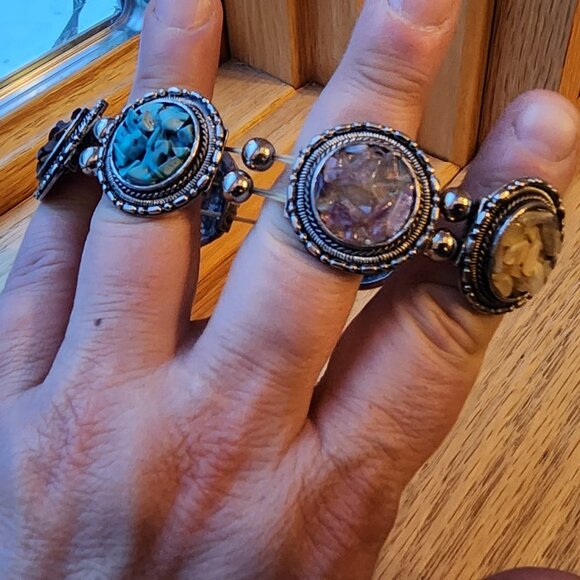 Vintage Mixed Stone Chips Stretch Silver Tone Bracelet - Picture 12 of 16